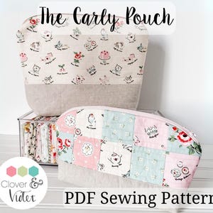 May include: A PDF sewing pattern for a Carly Pouch. The pattern includes two pouches, one with a floral print and the other with a patchwork design. The pouches are shown on a white surface with a logo for Clover & Violet.