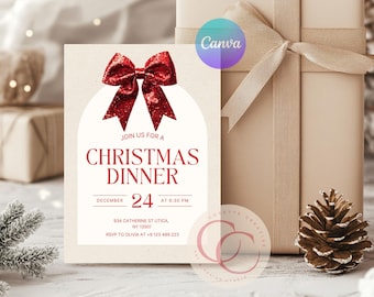 Red Ribbon Christmas Party Invitation, Editable Canva Template (Digital Download)