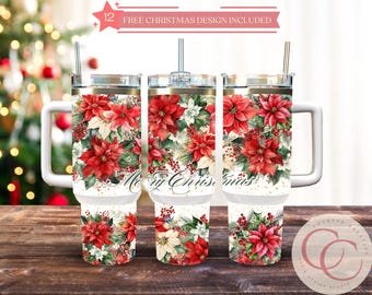 Sublimatieontwerp kerstbeker met rode bloemen (digitale download)