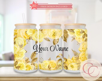 Gelbe Rosen Blumenbecher Design: Personalisierte 16 Unzen Glasdose (Digitaler Download)