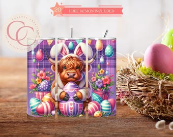 Easter Highland Cow Bunny Ears 20oz beker sublimatieontwerp (digitale png-download)