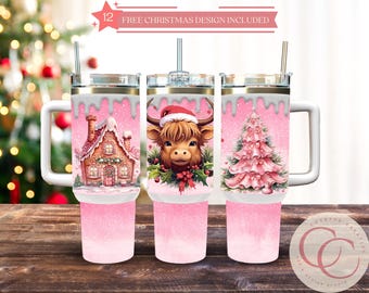 Sublimatieontwerp kerst Highland Cow 40 oz beker (digitale download)