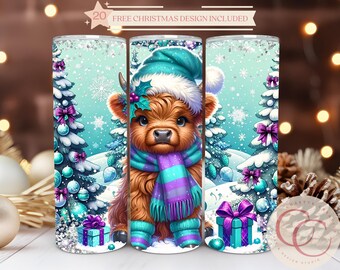 Baby Highland Cow Christmas Tumbler Wrap – Seamless 20 oz Skinny Tumbler (Digital Download PNG)