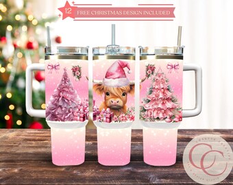 Beker wrap kerst Highland Cow: roze boom 40 oz ontwerp (digitale download)