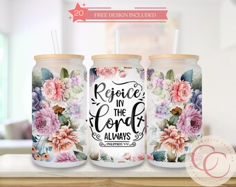 Vaso de vidrio de 16 oz con versículo bíblico floral, diseño de sublimación (descarga digital)