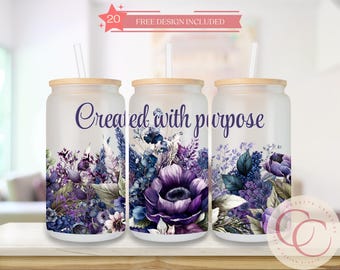Diseño de sublimación para vaso de vidrio con diseño de flor morada (descarga digital)