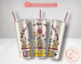 Personalized Teacher Tumbler Design: Floral Book, Pencil (PNG Digital File)
