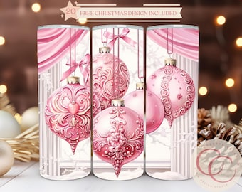 Rosa Weihnachtsverzierung 20 Unzen Becher Sublimationsdesign (digitaler Download)