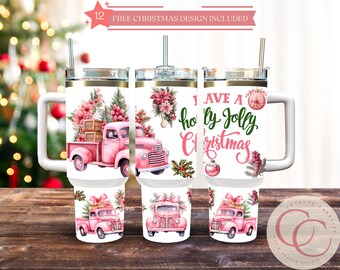 Pink Truck Christmas Tumbler Sublimation Design: 40 oz Handle Wrap (Digital Download)