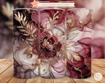 Burgund Barock Floral Tumbler Wrap: 20 Unzen Skinny Sublimation (PNG Digital Download)