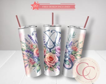Floral Stethoscope Nurse Tumbler Design: 20oz Skinny Tumbler Wrap (PNG File)