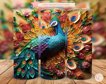 Pfau 3D Papierschnitt Mehrfarben Skinny Tumbler 20 Unzen Sublimationsbecher Wrap - PNG Digitale Datei