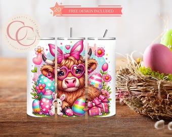 Easter Highland Cow 20oz beker sublimatieontwerp (digitale png-download)