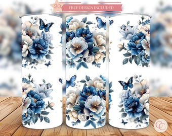 Navy Blue Flower Butterfly Skinny Tumbler Wrap 20oz Sublimation - PNG Digital Download - Flower design
