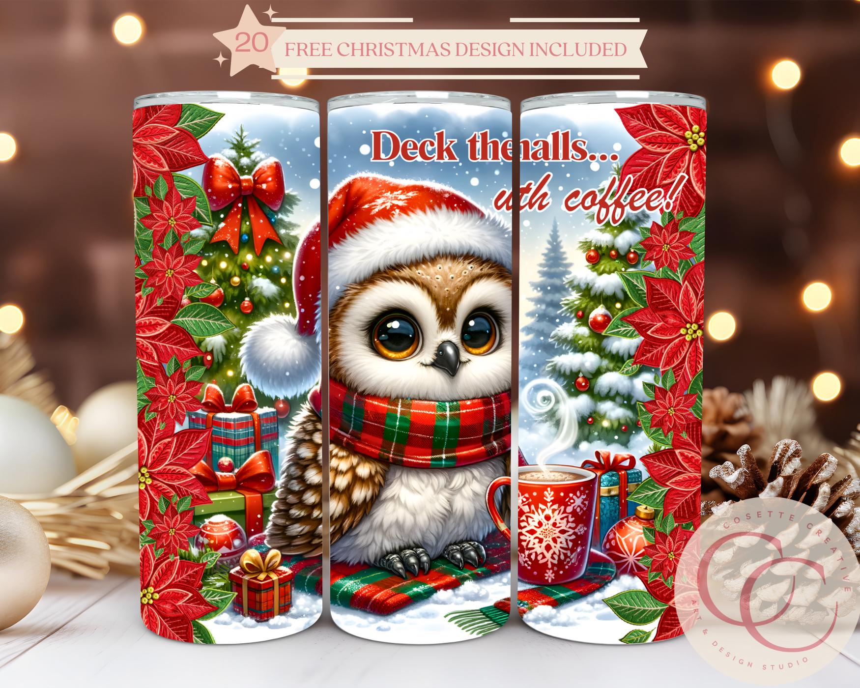 Deck the halls with coffee Christmas Owl Seamless 20 oz Skinny Tumbler Sublimation Design Digital Do