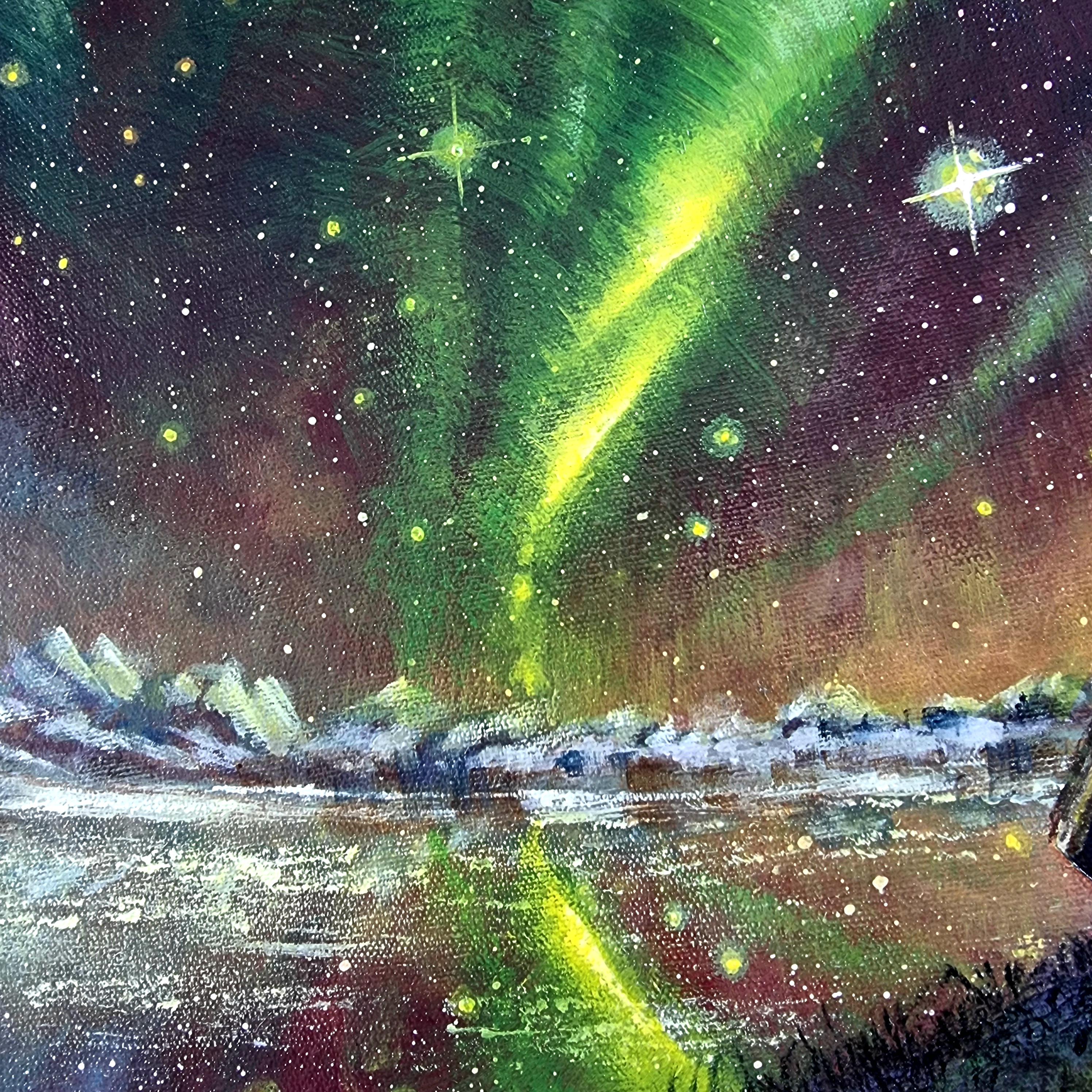 北欧キャビンのオーロラ絵画：オリジナルアクリルスカンジナビア風景画