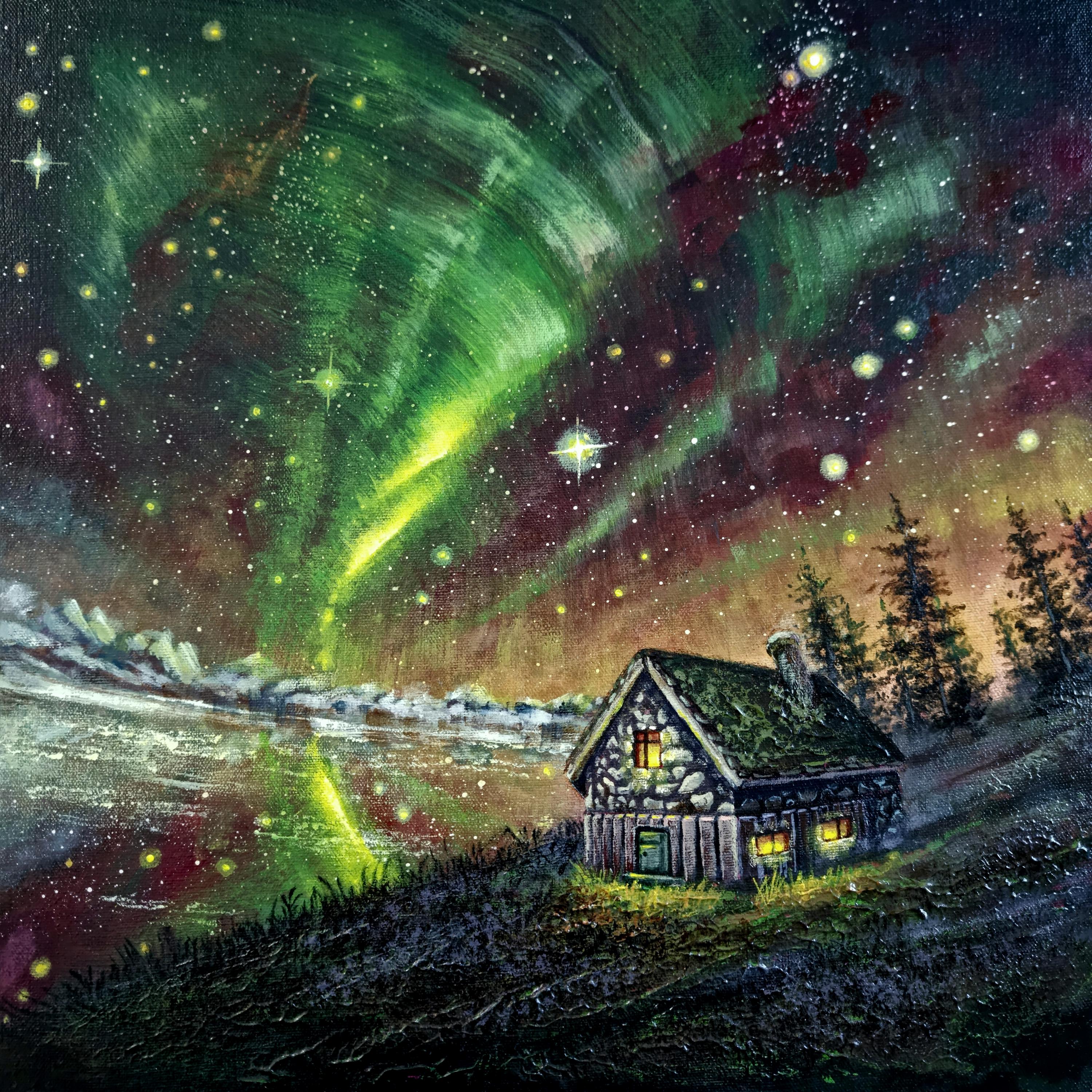 ♡*)様 【オーロラの夜】アクリル画 F3 風景画 絵画 北欧キャビンの