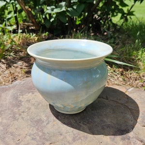 May include: A light blue ceramic planter with a white rim and a subtle speckled pattern. The planter is sitting on a rock.