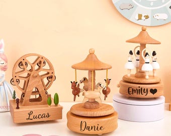 Boîte à musique carrousel personnalisée en bois, cadeau 1er anniversaire de bébé