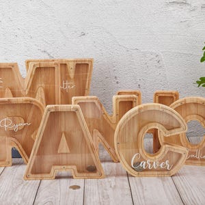 Cofrinho de madeira com letras para crianças, nome personalizado, cofrinho de moedas com nome personalizado, cofrinho de moedas com alfabeto para meninos, meninas, crianças pequenas, adultos, caixa de moedas gravada