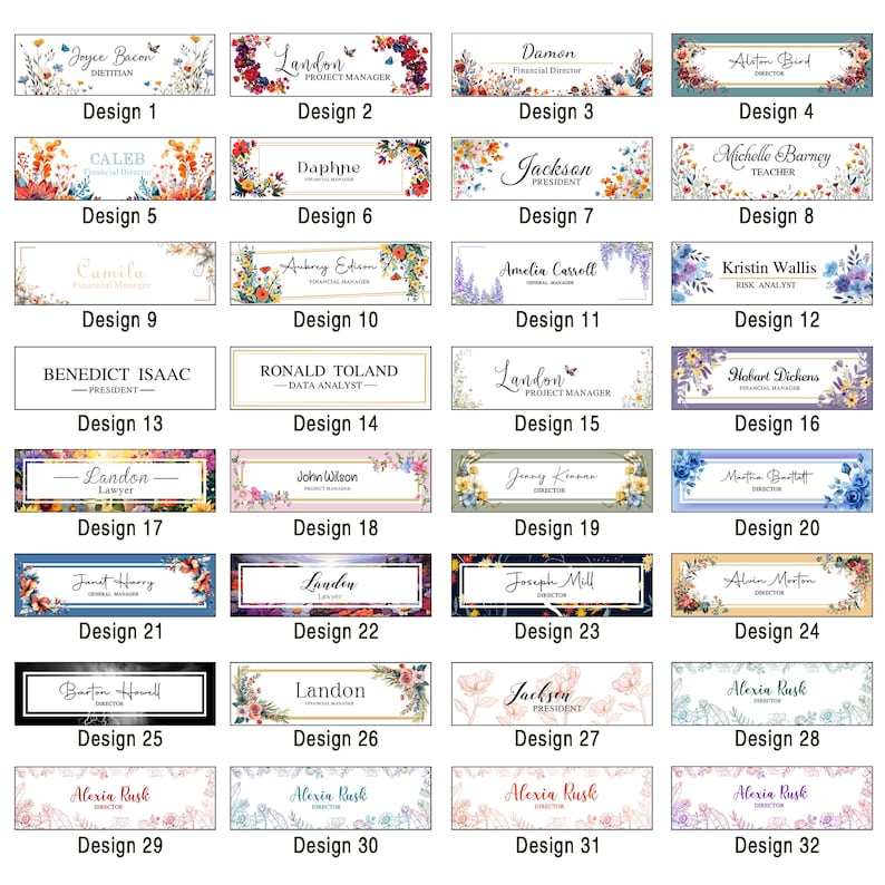 May include: A collection of 32 nameplates with various floral designs and text. Each nameplate features a name, title, and design number. The color palette includes white, gold, and a variety of floral colors.