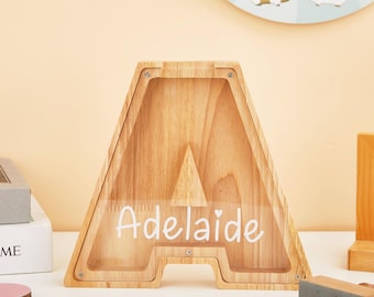 Personalized Large Wooden Kids Letter Piggy Bank, Wood Gift For Kids, Custom Name Coin Bank, Wood Alphabet Letter Bank, Children's Gifts