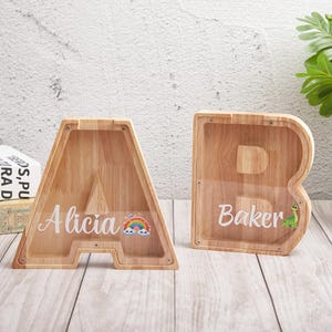 Hucha de madera personalizada para niños, hucha de madera, regalo de madera para niños, hucha con letras, hucha con letras del alfabeto de madera, regalo de cumpleaños para bebé