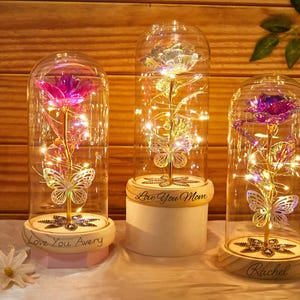 Personalized Galaxy Rose in Glass Dome with LED Light, Galaxy Rose Flower Gifts, Mother's Day Gift, Eternal Love