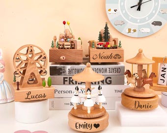 Musical Wooden Ballerina Carousel Keepsake, Personalized Engraved Wooden Music Box, Train Music Box, Christmas Musical Box, Baby Shower Gift