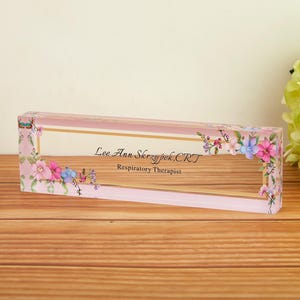 Personalized Acrylic Desk Name Plate: Floral Office Decor, New Job Gift