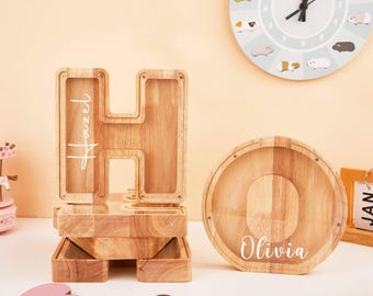 Wooden Name Piggy Bank, Large Personalized Gift for Child, Custom Letter Coin Bank for Baby Boy Girl - Birthday, New Baby Gift