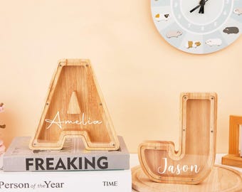Hucha infantil de madera personalizada con iniciales, hucha con nombre personalizado, regalos de Navidad, hucha con iniciales