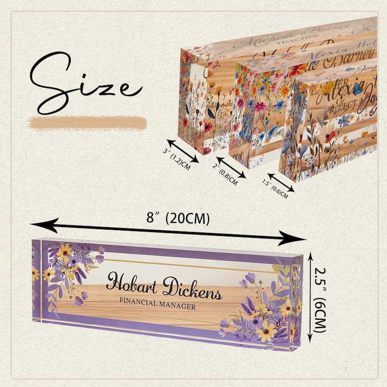 May include: A floral-themed desk nameplate with the name "Hobart Dickens, Financial Manager" in elegant script. The nameplate is 8 inches (20 cm) long and 2.5 inches (6 cm) high, with a purple border and floral accents. Additional nameplates are visible.