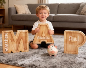 Cofrinho de madeira grande com letras para crianças - Cofrinho personalizado com nome - Cofrinho de madeira em formato de porquinho com o alfabeto - Presente de madeira para crianças