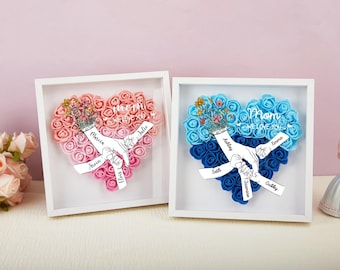 Personalized Mom Flower Shadow Box, 'Holding Hands' Mother's Day Gift, Custom Name Rose Frame, Grandma's Rose Flower Shadow Box Frame