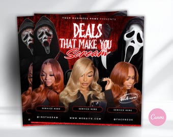 Halloween Hair Flyer Template | Scream Inspired Beauty Flyer | 1080x1080 Editable Canva Template | Hairstylist Halloween Deals