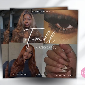 May include: A digital flyer featuring two portraits of individuals with long hair, a close-up of an eye with long lashes, and a hand with manicured nails. The text reads "BUSINESS NAME HERE", "Fall", "BOOKS OPEN", "INSTAGRAM", "FACEBOOK", and "BOOKING.AS.ME".