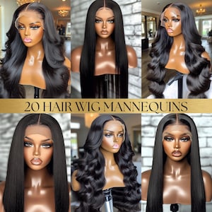 May include: A collage of six mannequins showcasing various black hair wigs. The wigs feature different styles, including long, wavy, and straight designs. The text "20 HAIR WIG MANNEQUINS" is displayed in gold lettering across the image.