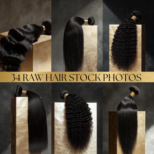 May include: An assortment of black hair bundles displayed on neutral-toned pedestals. The hair textures vary, including straight, wavy, and curly styles. The image includes the text "34 RAW HAIR STOCK PHOTOS" in a gold banner.