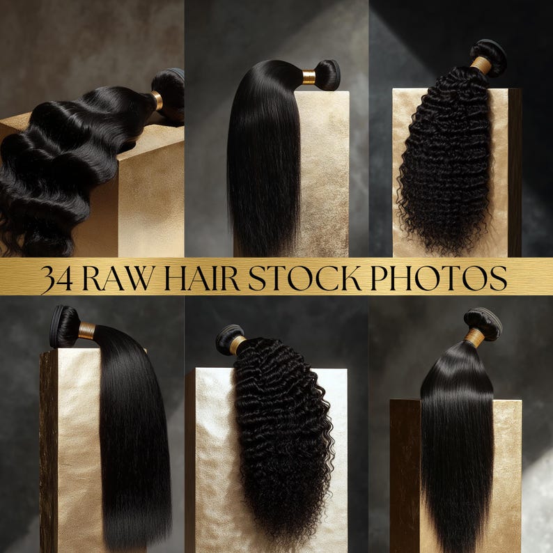 May include: An assortment of black hair bundles displayed on neutral-toned pedestals. The hair textures vary, including straight, wavy, and curly styles. The image includes the text "34 RAW HAIR STOCK PHOTOS" in a gold banner.