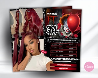 Halloween Hair Flyer Template | IT Girl Horror Beauty Flyer | 1080x1080 Editable Canva Template | October Hairstylist Booking Flyer