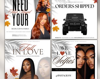 May include: Four square social media posts with a white background and fall-themed graphics. The posts promote hair services, sales, and selfies. Each post features images of women with long, styled hair and text overlays.