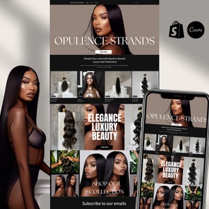 Puede incluir: Diseño web para Opulence Strands, que muestra extensiones de cabello de lujo. El sitio presenta imágenes de cabello negro largo, con el texto "Opulence Strands", "Elegance Luxury Beauty" y "Shop Our Collection". Un smartphone muestra el sitio web.