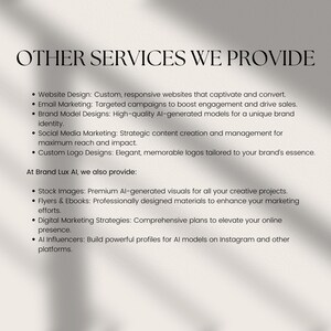 May include: A white informational sign with black text titled OTHER SERVICES WE PROVIDE. It lists services including website design, email marketing, brand model designs, social media marketing, logo designs, stock images, flyers, ebooks, and AI influencers.