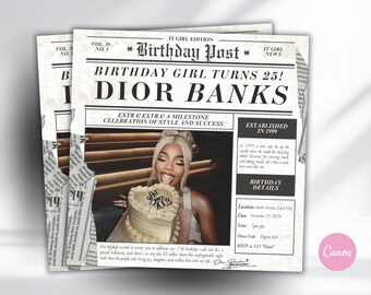 Birthday Newspaper Invitation Template, Editable Canva Birthday Newspaper, Birthday Invitation, Birthday Girl Magazine, Digital Download