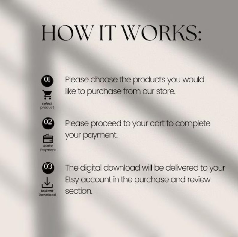 May include: A diagram explaining how to purchase digital downloads from an Etsy shop. The steps are: 1. Select the product, 2. Make payment, 3. Instant download.