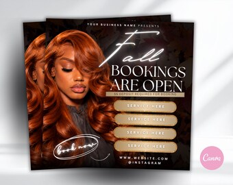 Fall Hair Flyer Template | Fall Bookings Open Beauty Flyer | Lash Booking Editable Canva Template | Hairstylist Autumn Promo