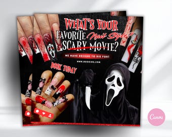 Halloween Nail Flyer Template | Scary Movie Nail Tech Flyer | 1080x1080 Editable Canva Template | Spooky Nail Salon Flyer | Beauty Flyer