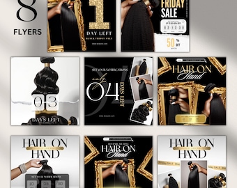 May include: Eight social media flyers for a Black Friday sale on hair extensions. The flyers feature a countdown to the sale, with the text "Black Friday Sale" and "Hair on Hand" in gold lettering on a black background.