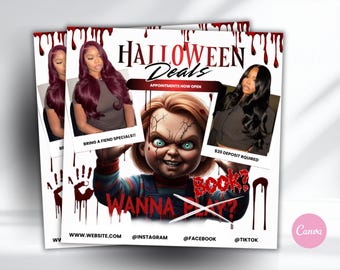 Halloween Hair Flyer Template | Horror Beauty Flyer | 1080x1080 Editable Canva Template | Hairstylist Halloween Deals Promo